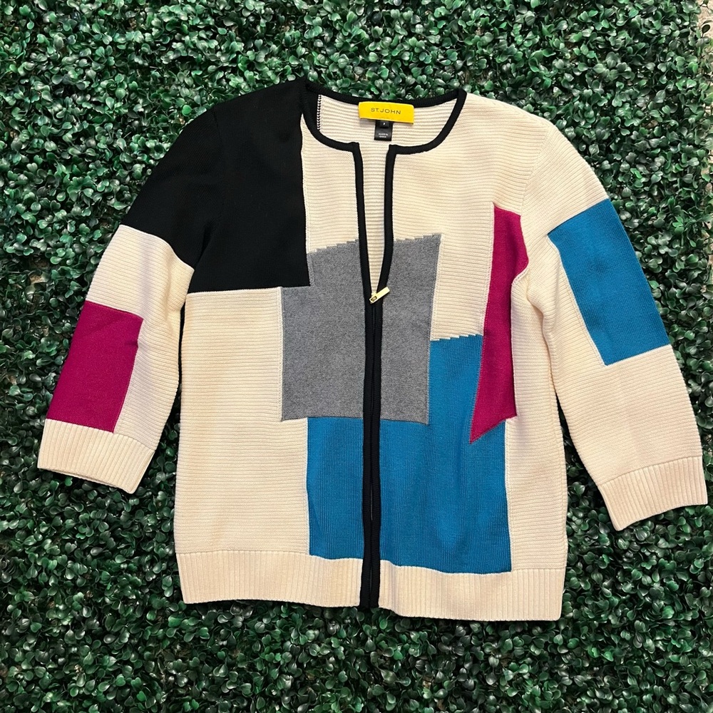 St. John Colorblock 100% Wool Cardigan Sweater Size S
